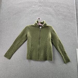 VINTAGE Eddie Bauer Women Sweater L Green Lambswool Nylon Cardigan Zipper